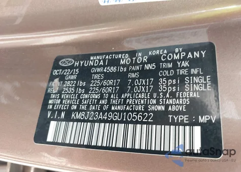 2016 Hyundai Tucson Se from USA, damaged, VIN KM8J23A49GU105622